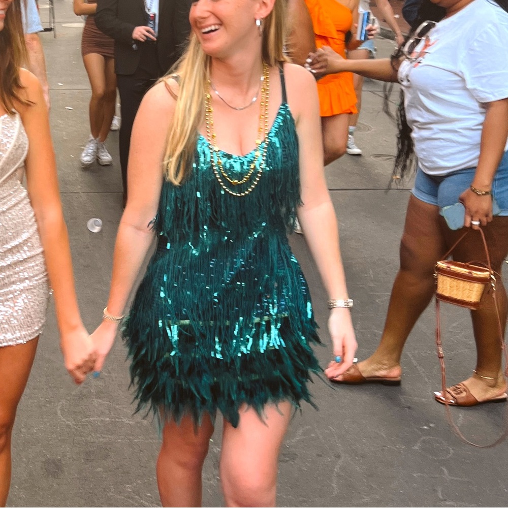 Teal Sparkly Tassle Mini Dress